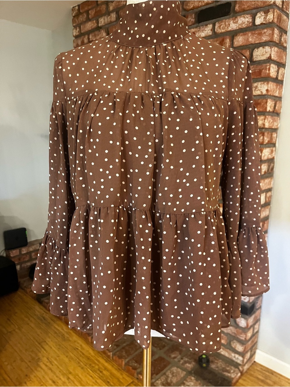Mustard Seed Brown Polka Dot Long Sleeve Peplum Blouse